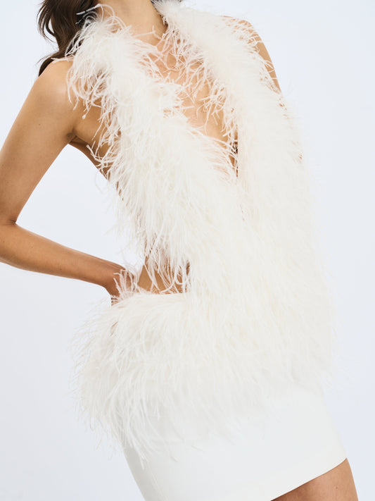 Quisten White Feathered Plunging Halter Mini Dress