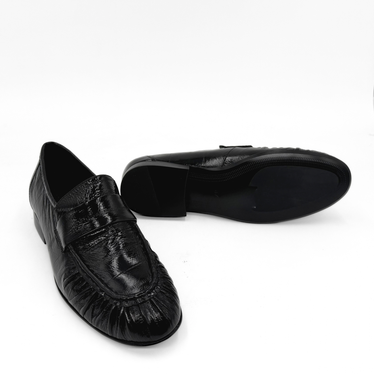 York Ruched Leather Loafers - Black Embossed Croc