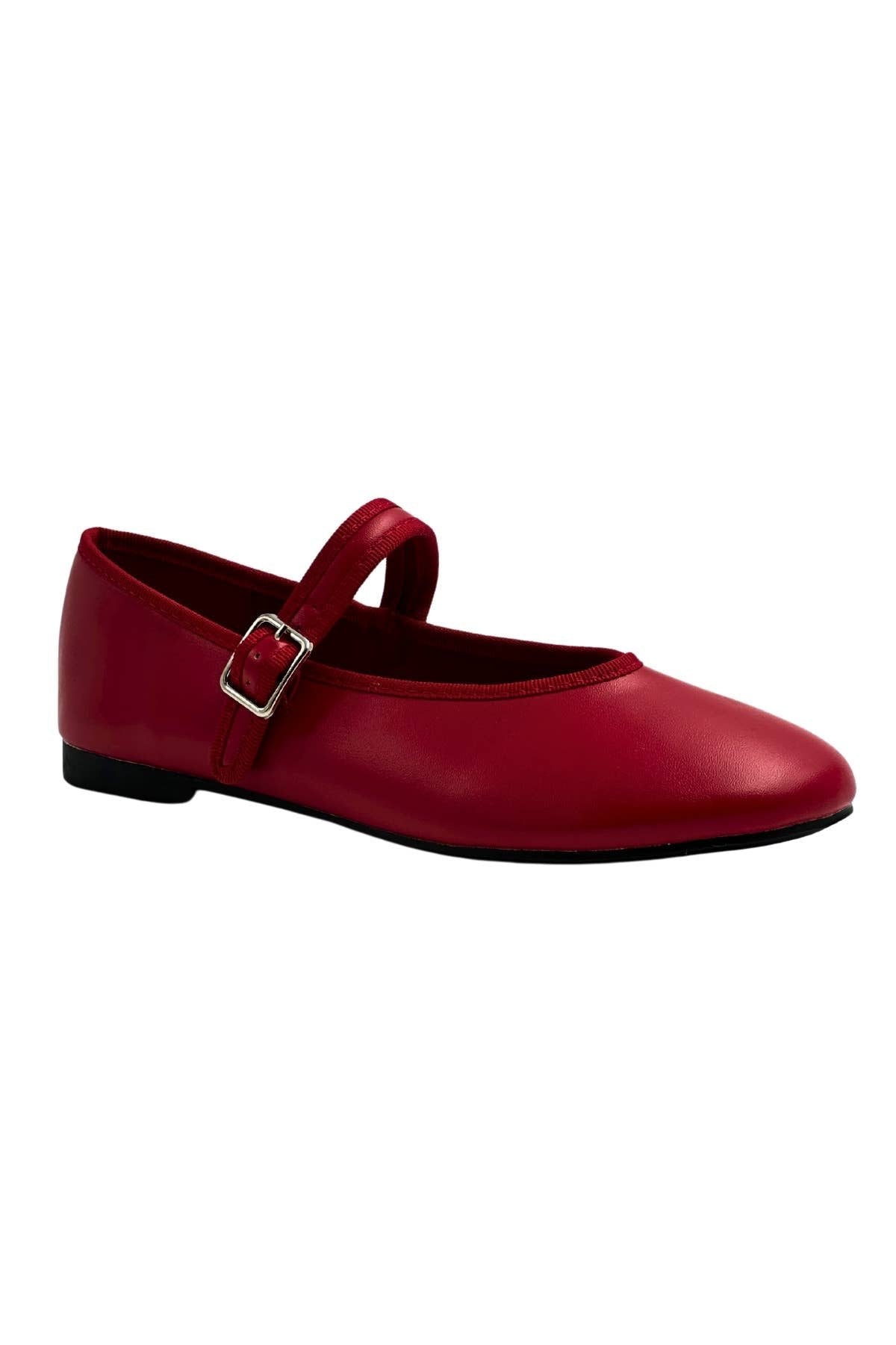 Mary Jane flats in a vibrant red hue, adjustable buckle strap