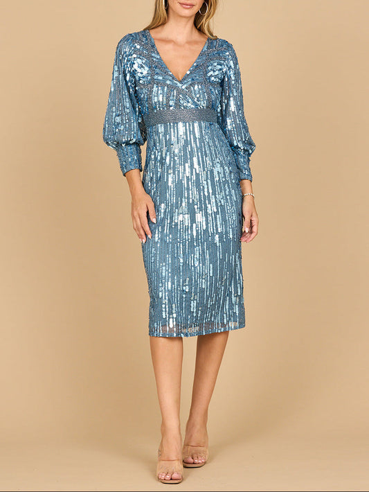 Beaded A-line Midi Dress with Long Sleeves