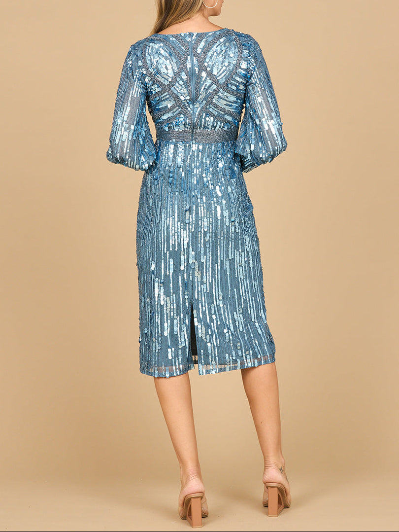 Beaded A-line Midi Dress with Long Sleeves