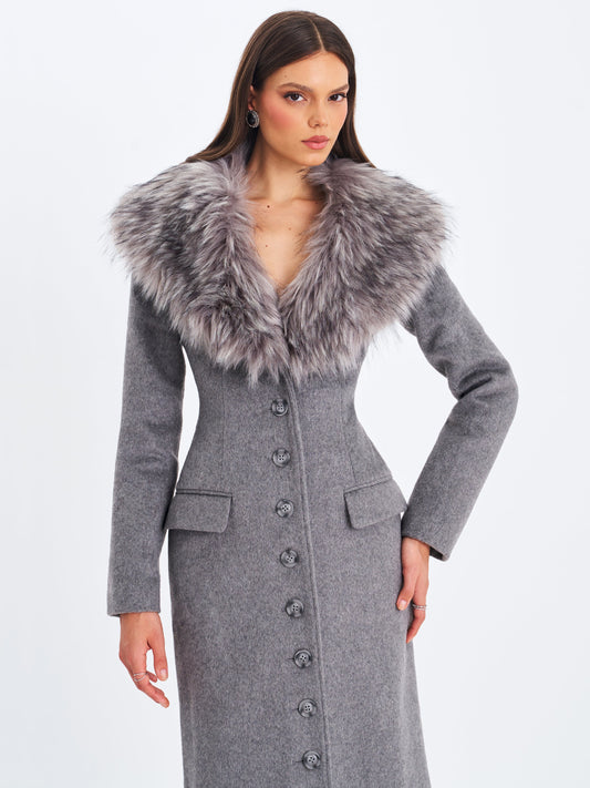 Faye Grey Wool Blend Single-Breasted Coat with Removable Faux Fur Collar