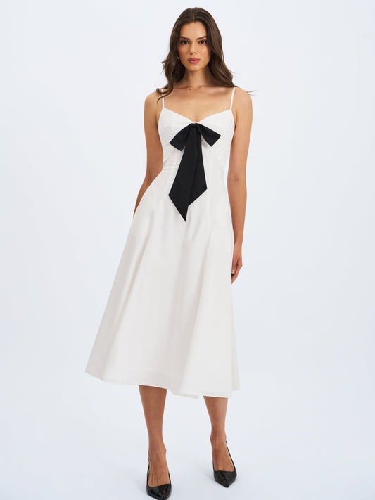 Corinne White Poplin Flared Midi Dress with Removable Bow