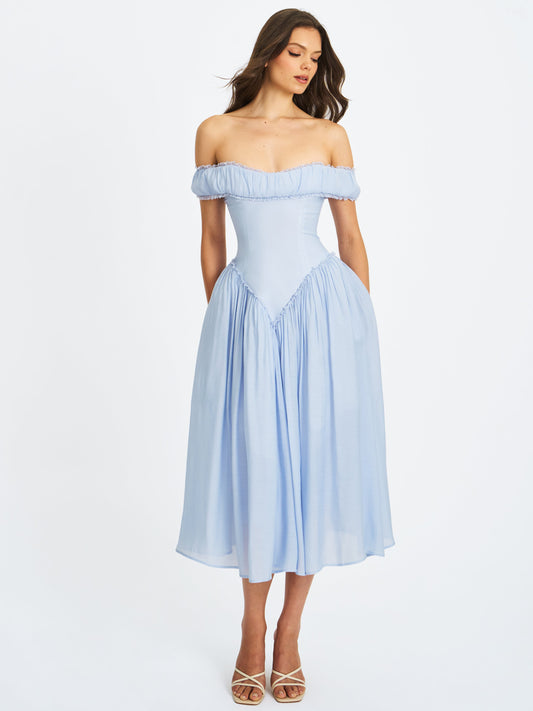 Xavy Baby Blue Off Shoulder Corset Midi Dress