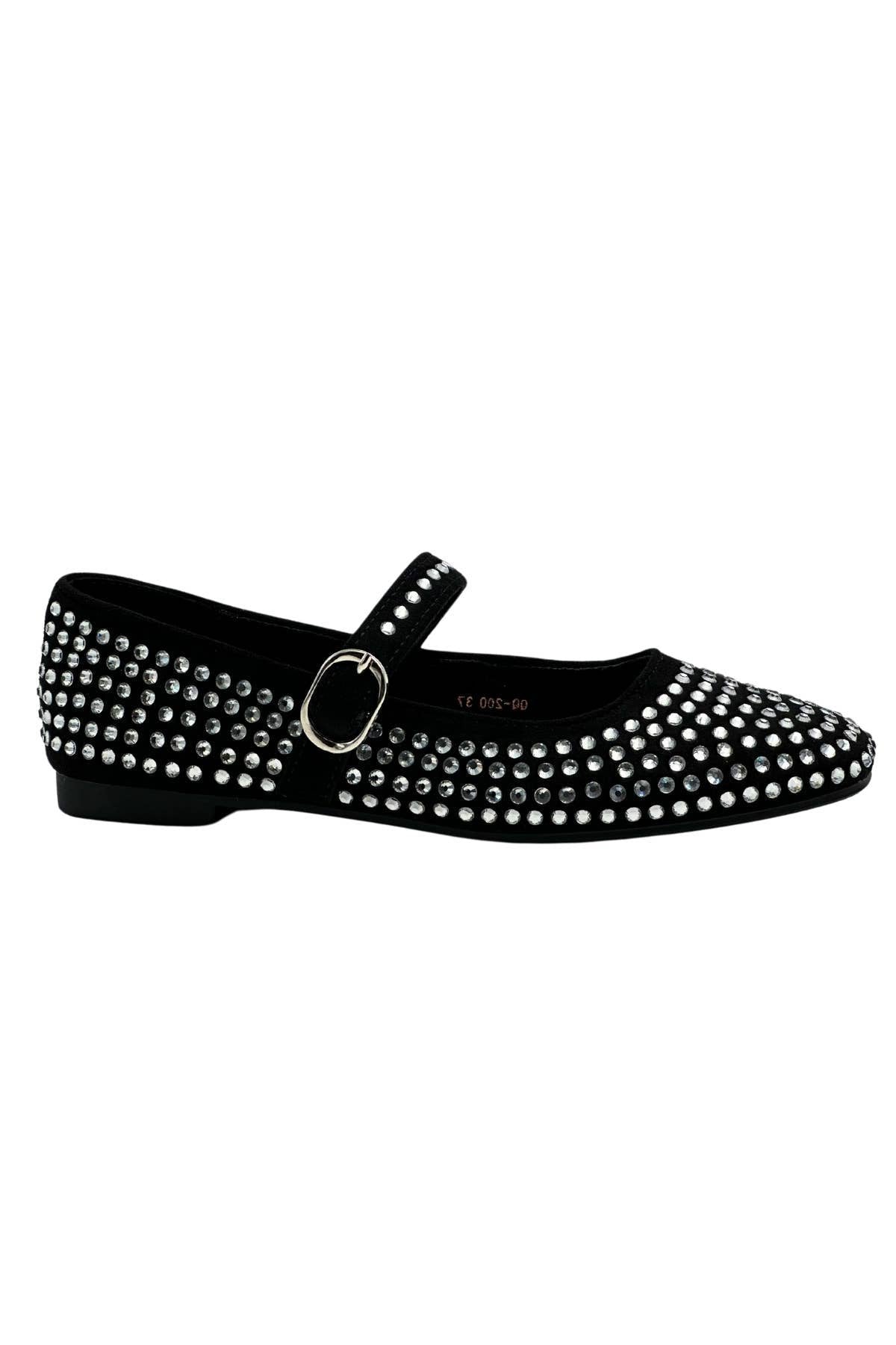 Black Mary Jane Flats Decorated with Sparkling Rhinestones, adjustable buckle strap