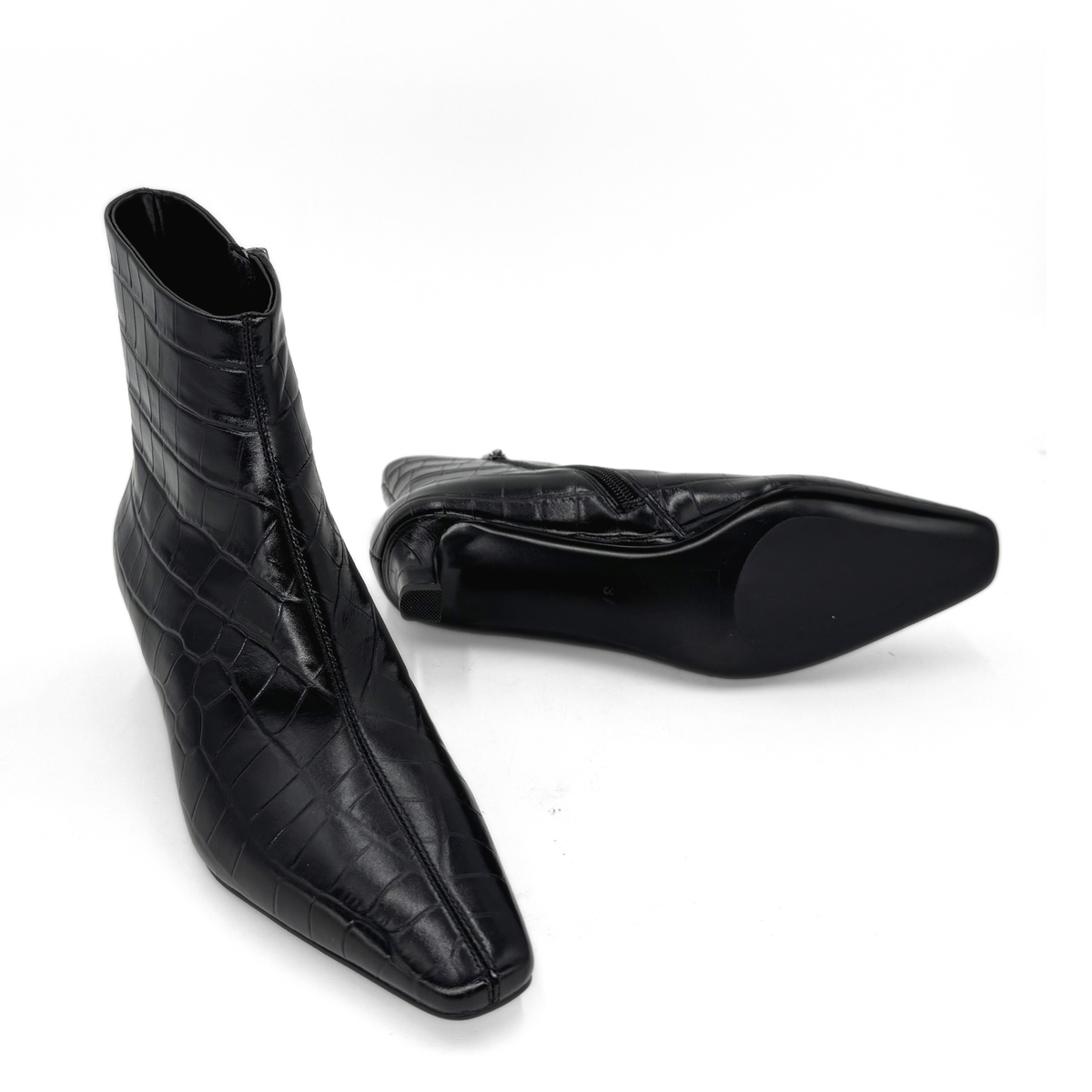 Tess Kitten Heel Booties - Black Embossed Croc