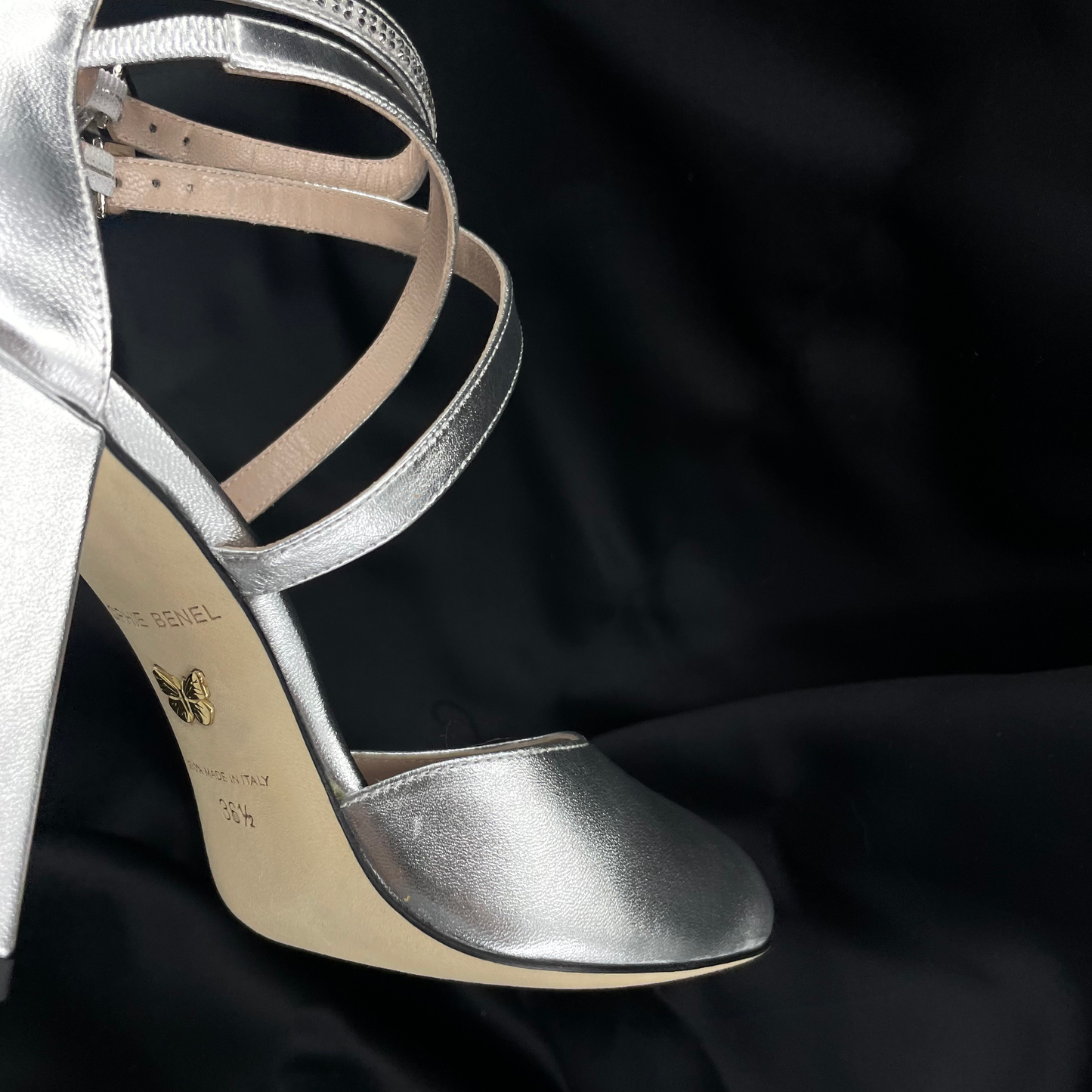 SOPHIE BENEL PARIS - Mary Jane babies - Silver square heel - Swarovski stripe