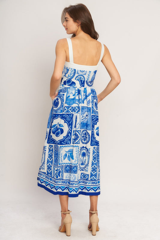 BLUE MAJOLICA CHARM WOVEN MIDI DRESS