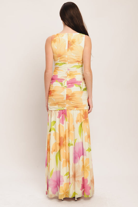 WARM BREEZE BLOOMS POWER MESH MAXI DRESS