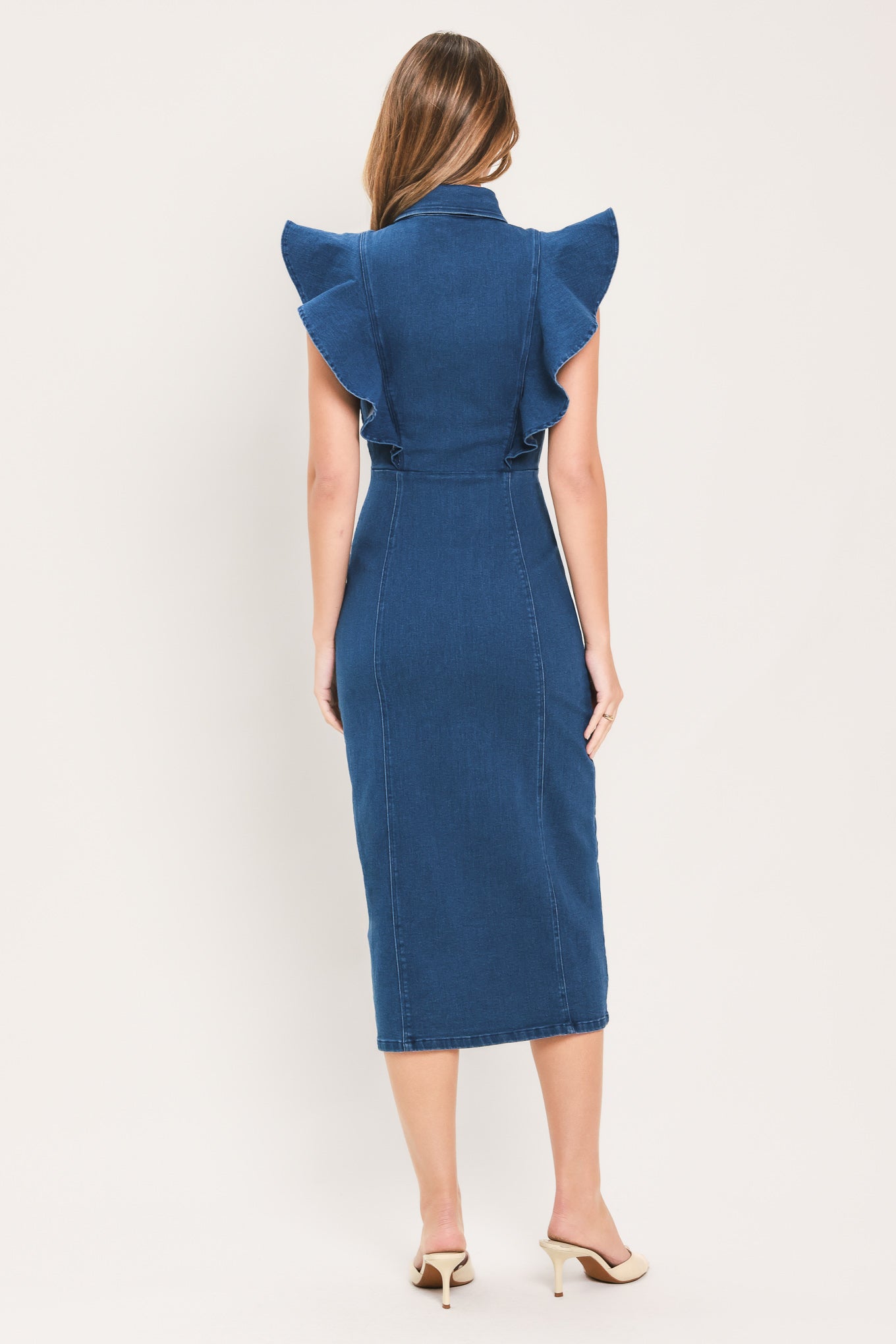 SWEETHEART BUTTON PARADE DENIM MIDI DRESS