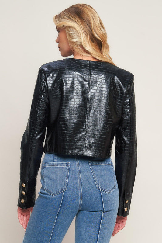 AT THE START FAUX LEATHER BOLERO JACKET