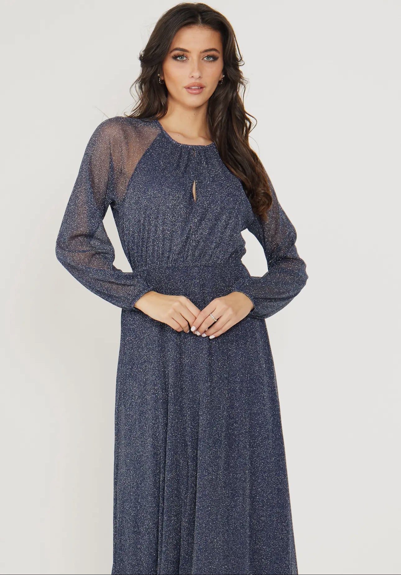 Angeleye - Long Sleeve Chiffon Maxi Dress Gold Lurex Flecking in Blue