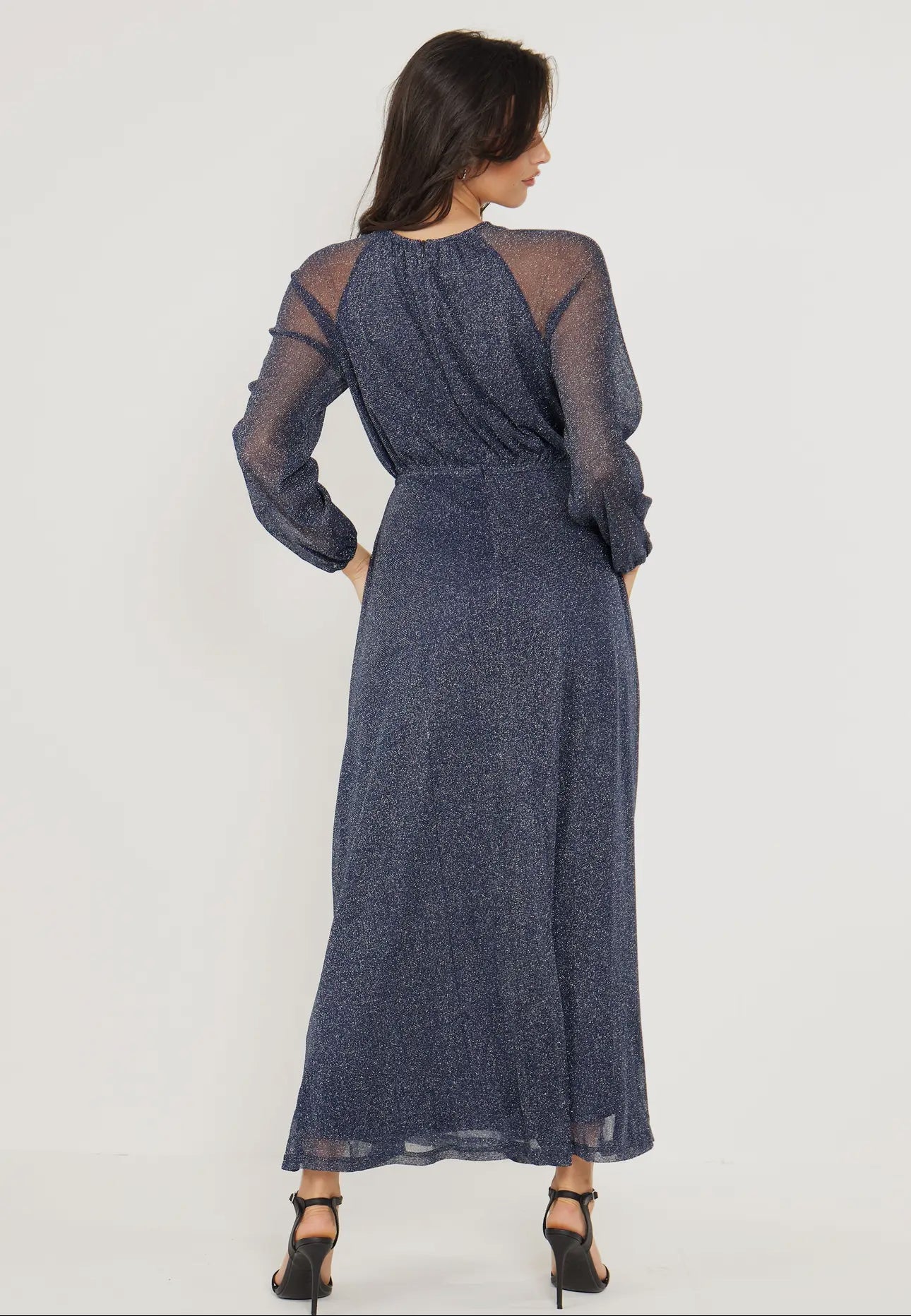 Angeleye - Long Sleeve Chiffon Maxi Dress Gold Lurex Flecking in Blue