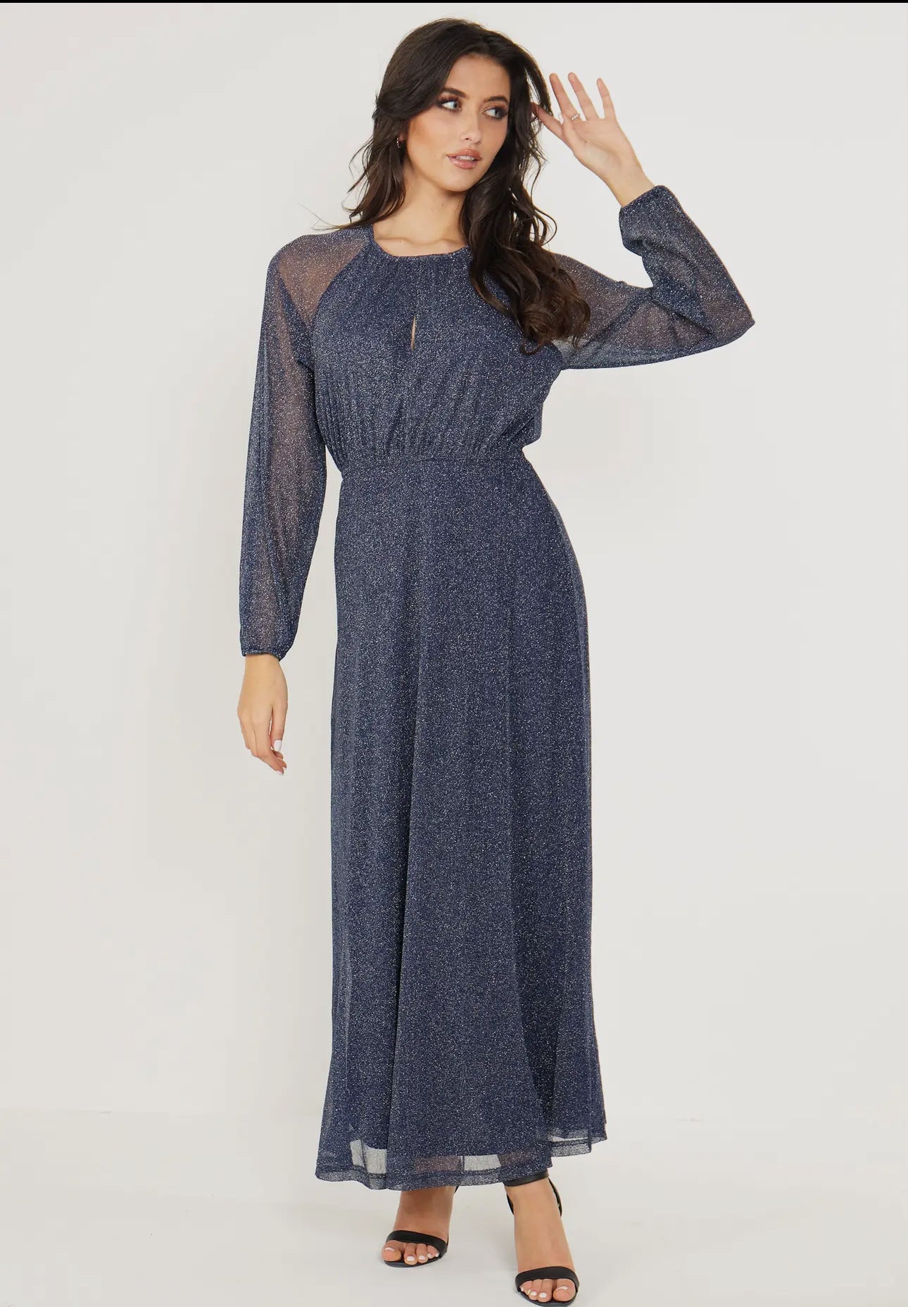 Angeleye - Long Sleeve Chiffon Maxi Dress Gold Lurex Flecking in Blue