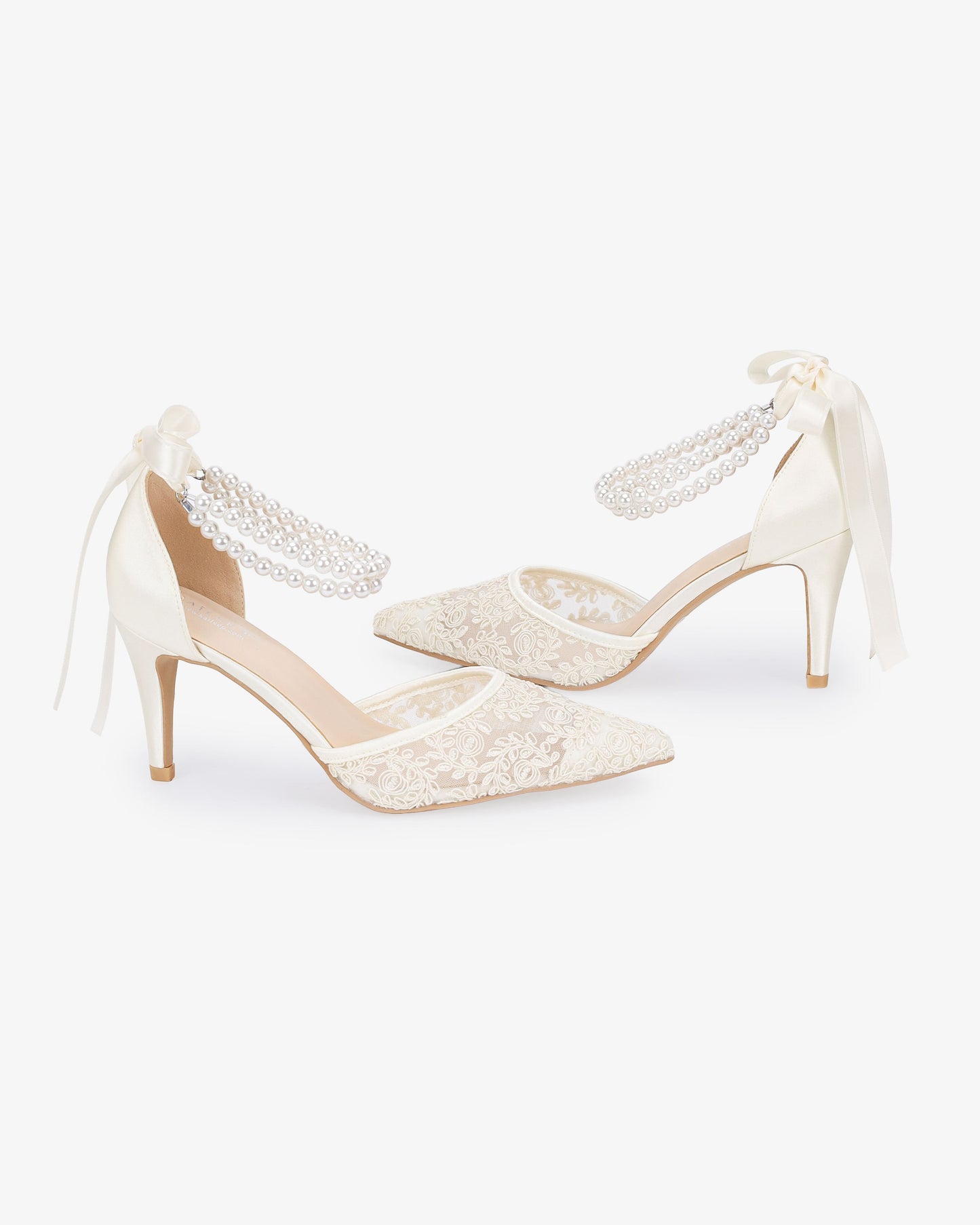 Wedding Lace Heels with Double Pearls Ankle Strap