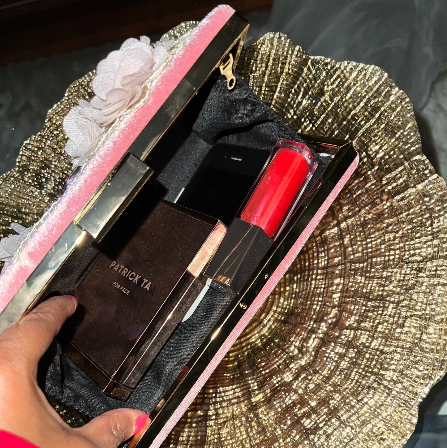 Blush Velvet Floral Embellished Clutch