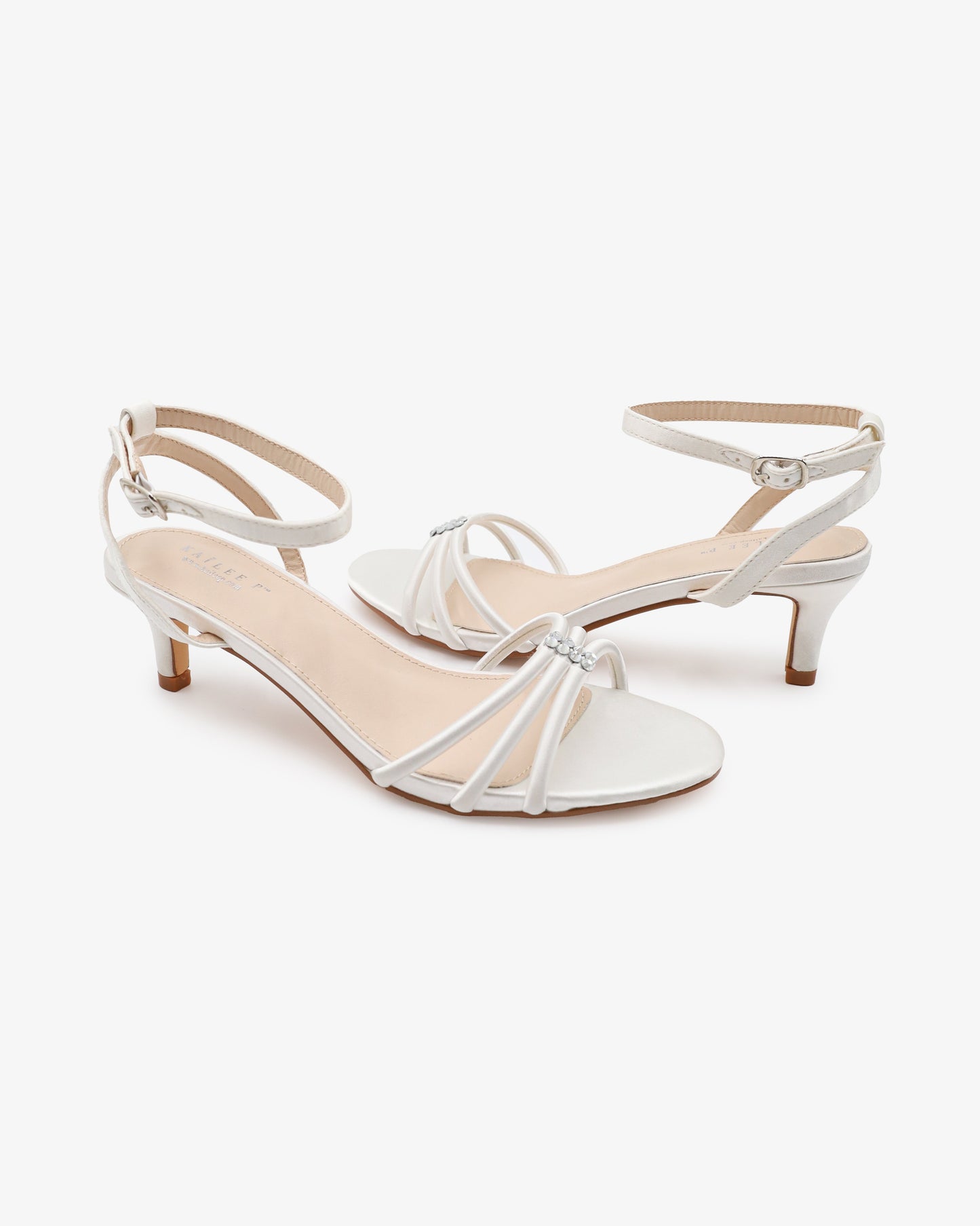 Satin Strappy Kitten Heel Wedding Sandals with Rhinestones