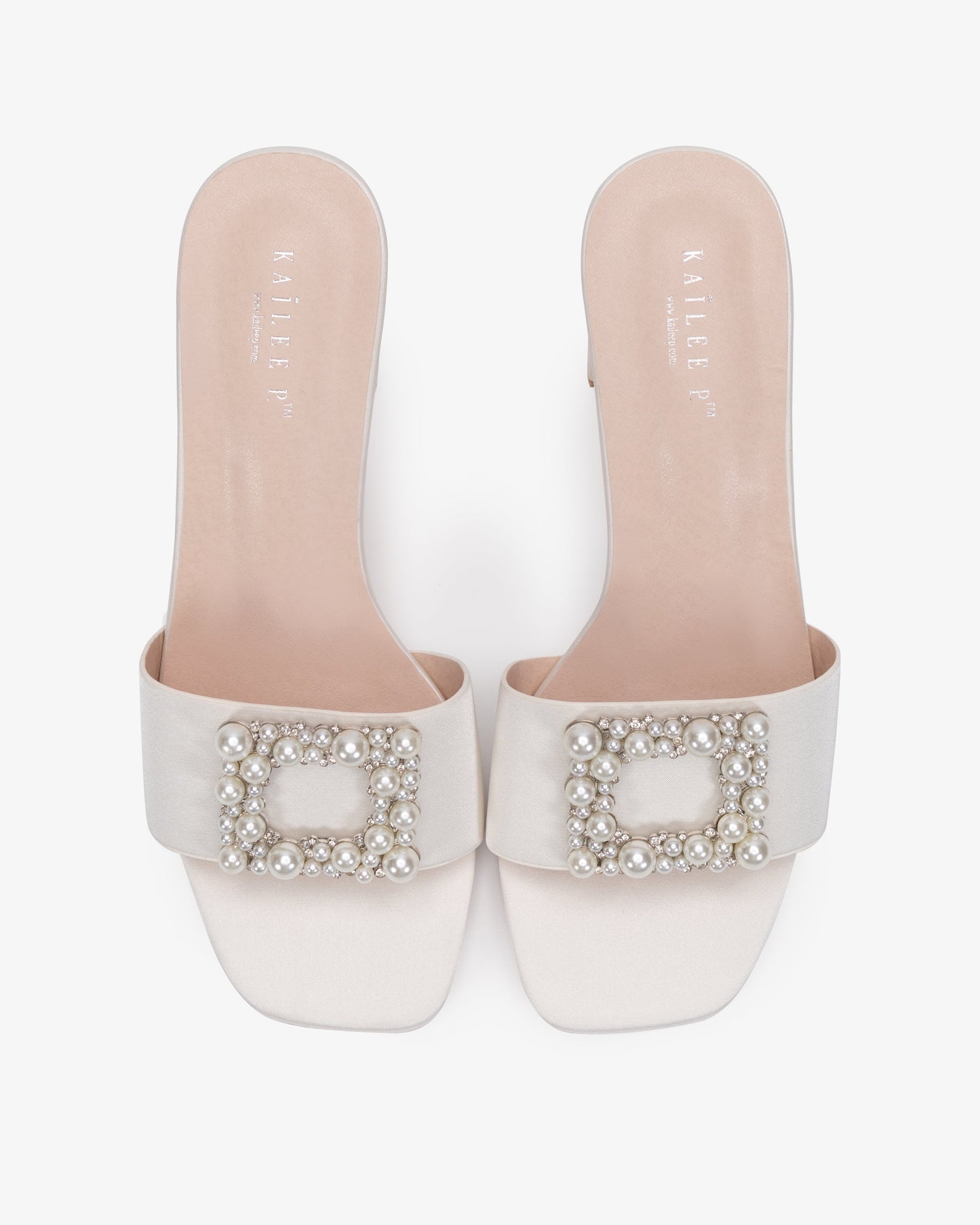 Satin Block Heels Slide Wedding Sandals with Pearlisse Buckle