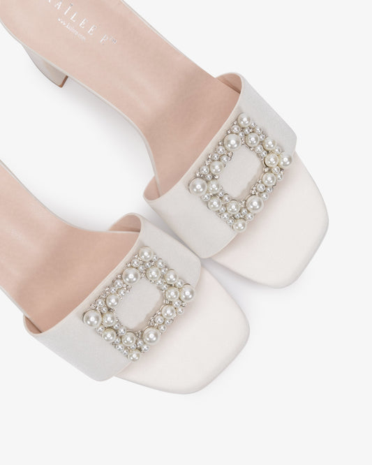 Satin Block Heels Slide Wedding Sandals with Pearlisse Buckle