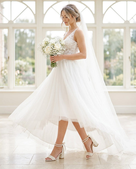 Crochet Lace Block Heel Wedding Sandals with Double Pearl Ankle Strap