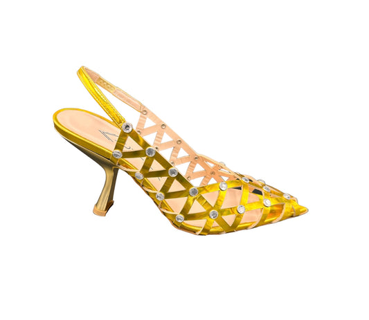 Eye-catching slingback heels feature an intricate lattice design in gold metallic leather. The pointed toe and unique cutouts are highlighted by sparkling rhinestone embellishments.