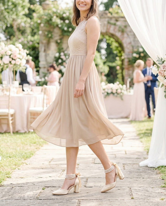 Satin Block Heels Evening Shoes with Trinity Pearls Wrap