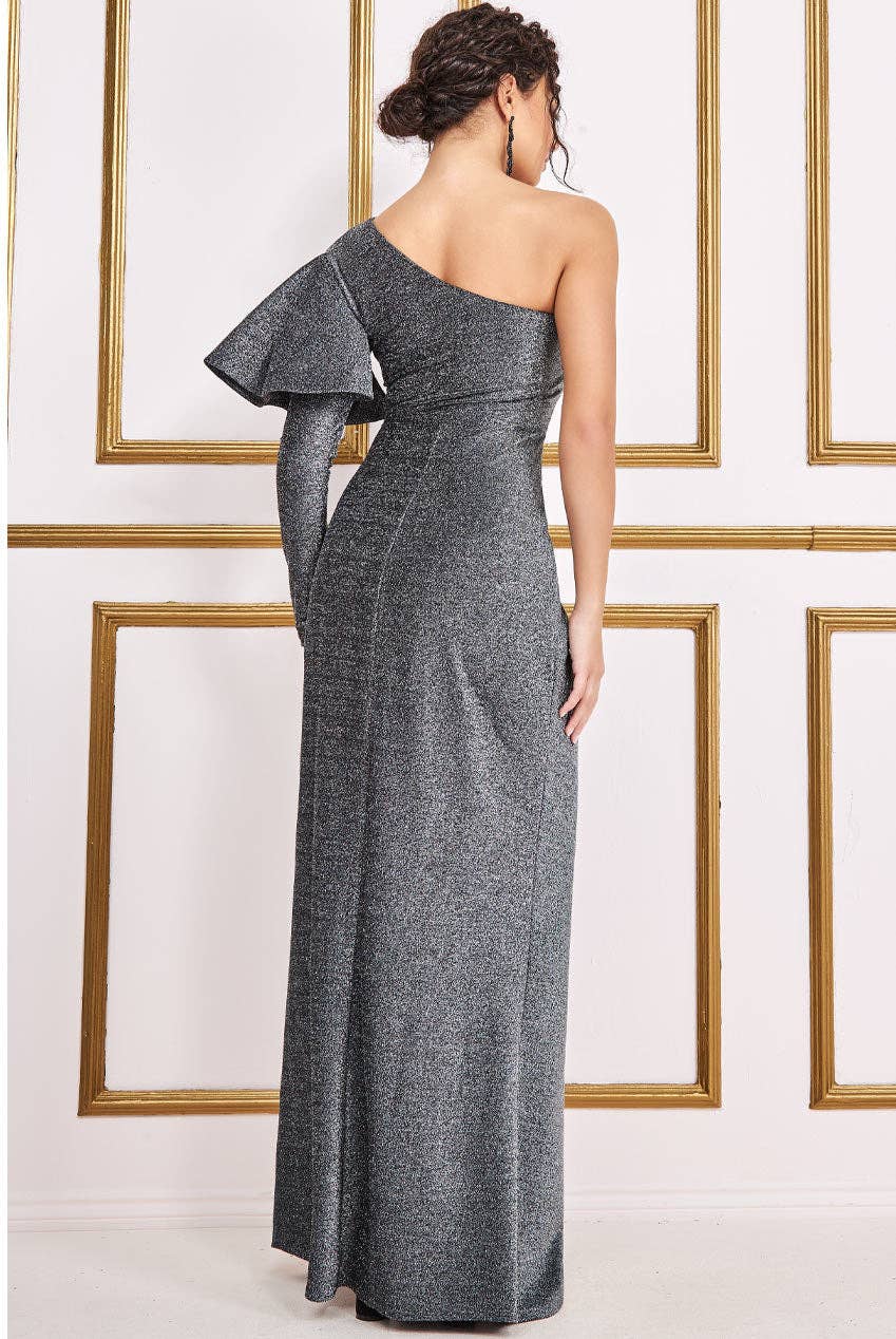 GODDIVA - One Sleeve Frill Lurex Max Dress - Silver