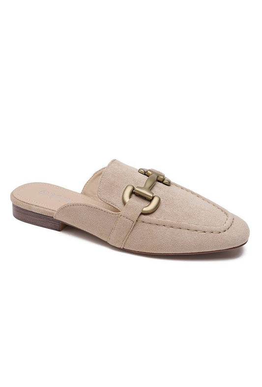 Khaki Faux suede loafer mules. These mules feature a refined design with an antique brass detail