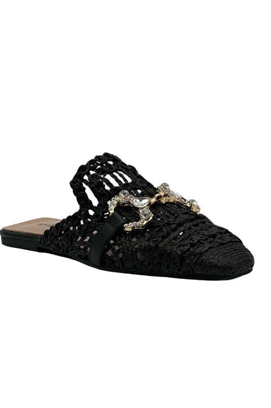 A black woven flat mule with gold and rhinestone embellishment