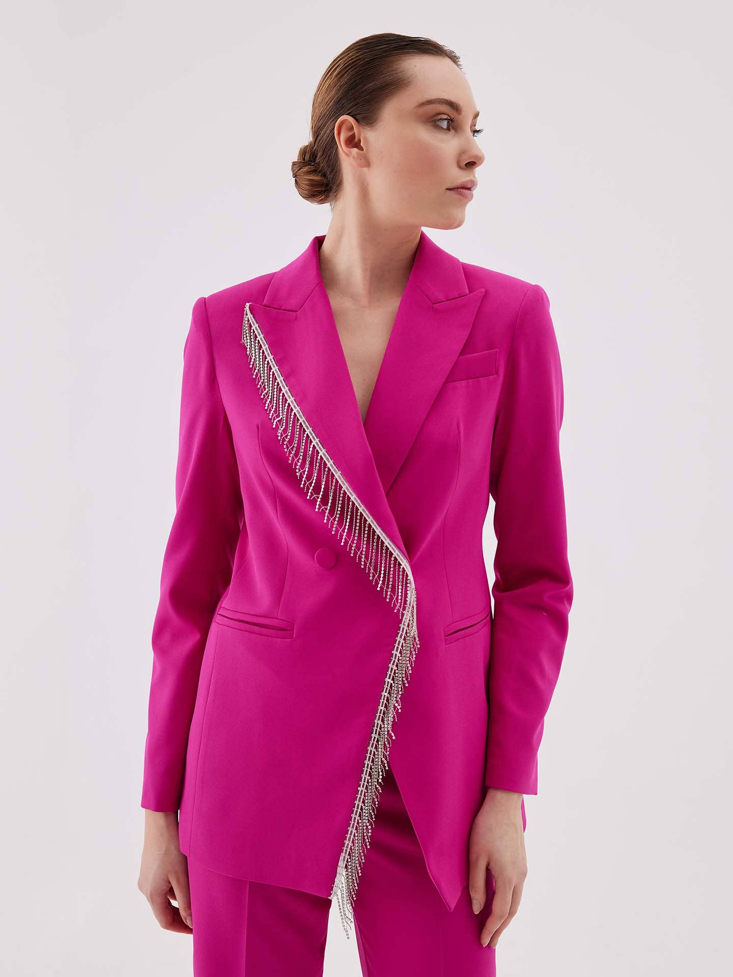 Juste - Bead Detail Fuchsia Blazer and Pants Set