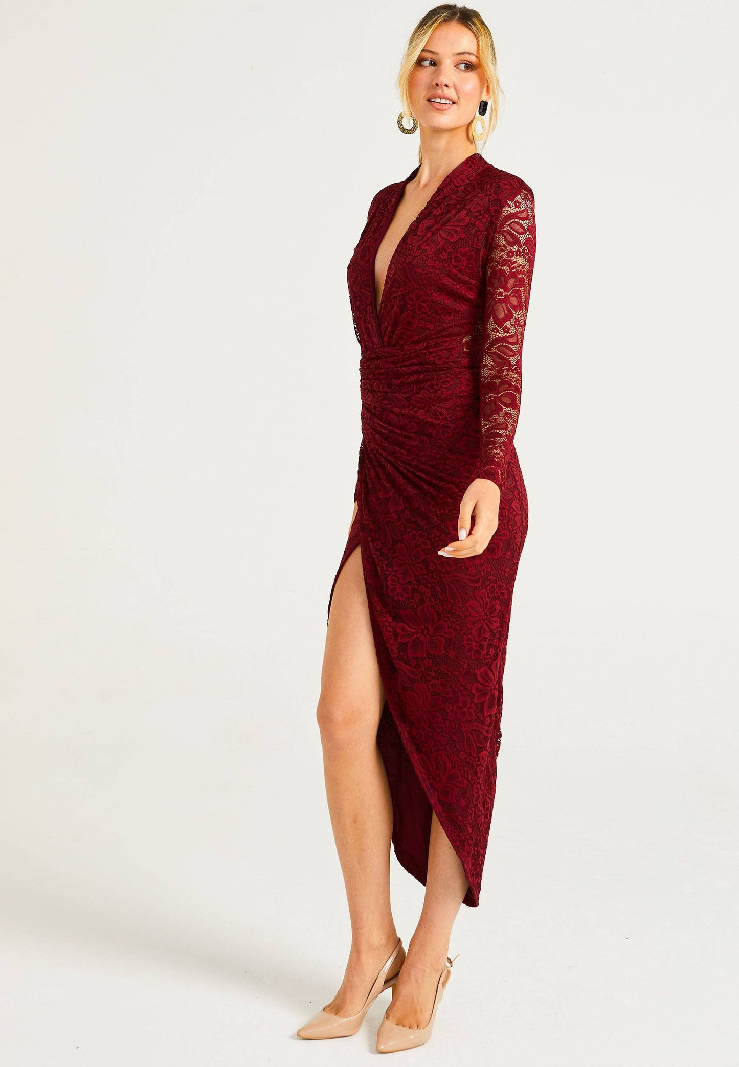 Angeleye - Lace Plunge Neck Faux Wrap Midi Dress in Burgundy