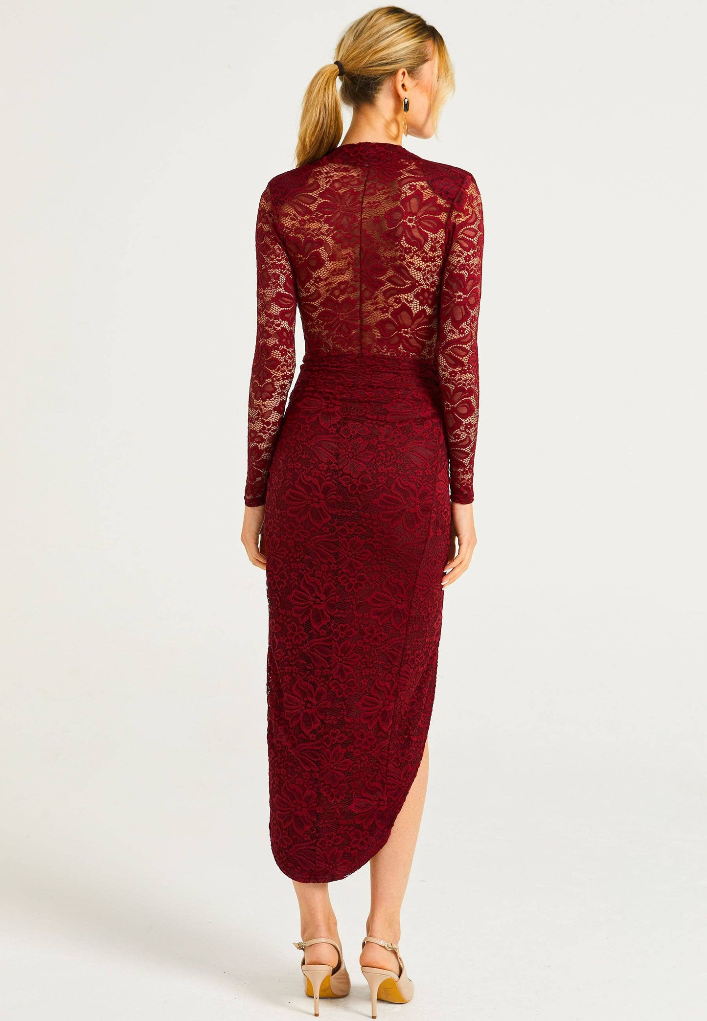Angeleye - Lace Plunge Neck Faux Wrap Midi Dress in Burgundy