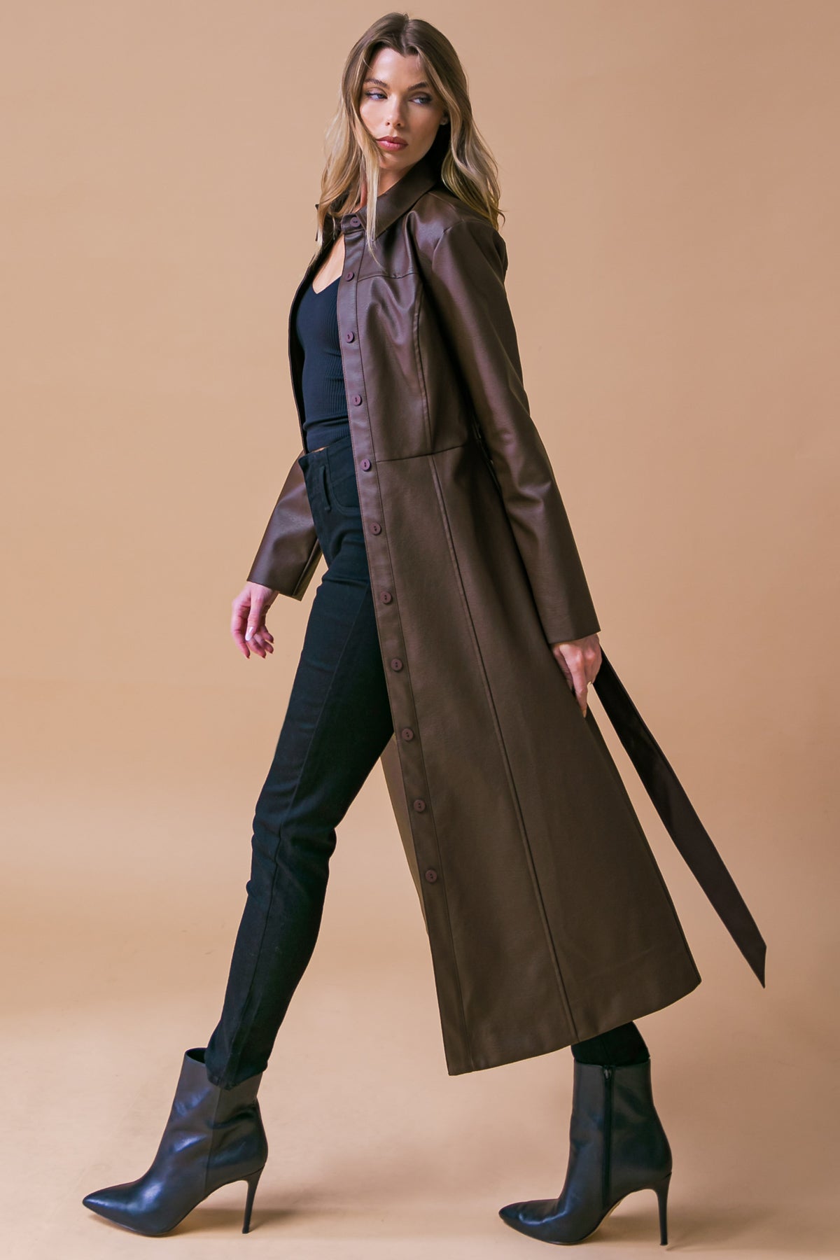 WHAT A WONDERFUL DAY FAUX LEATHER MIDI COAT