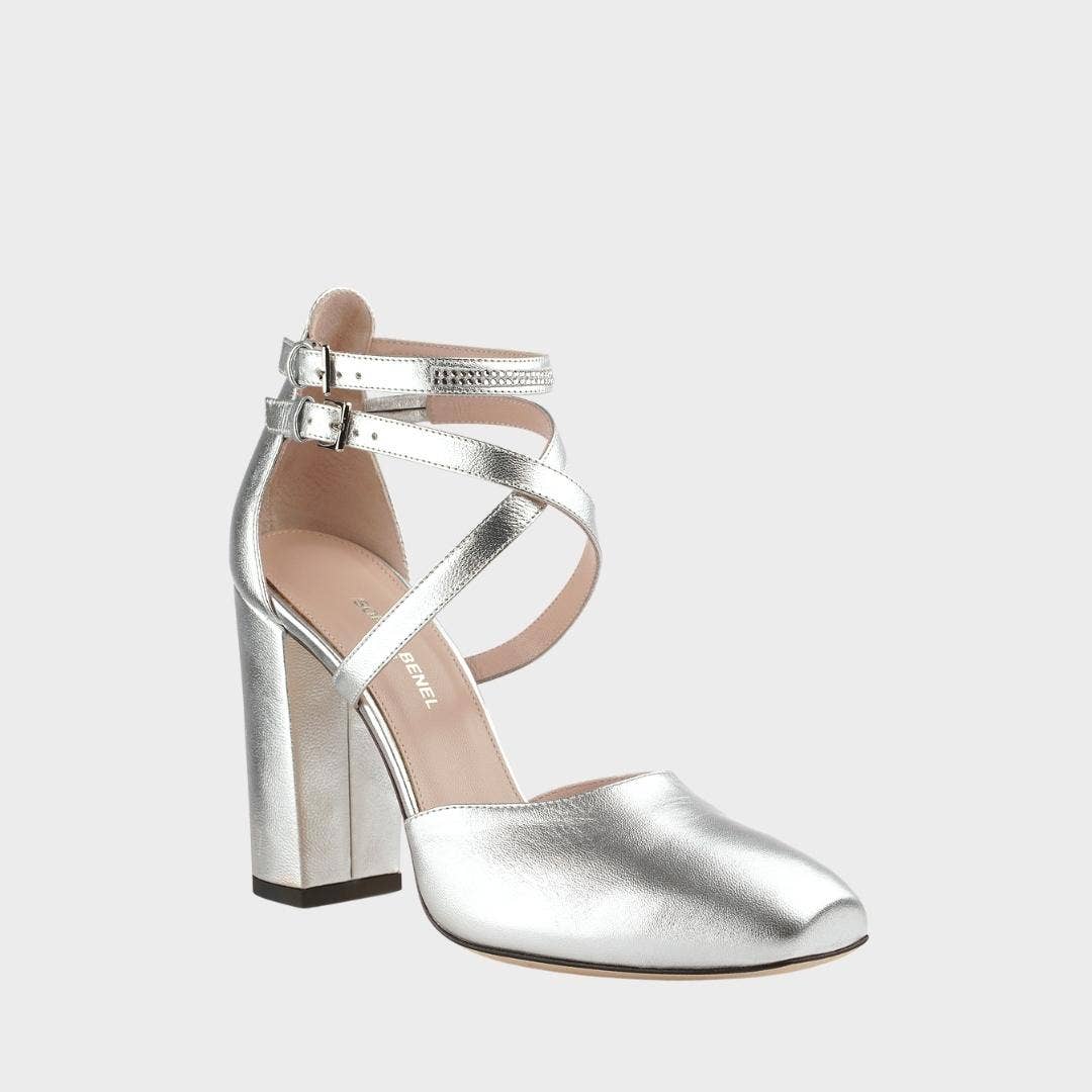 SOPHIE BENEL PARIS - Mary Jane babies - Silver square heel - Swarovski stripe