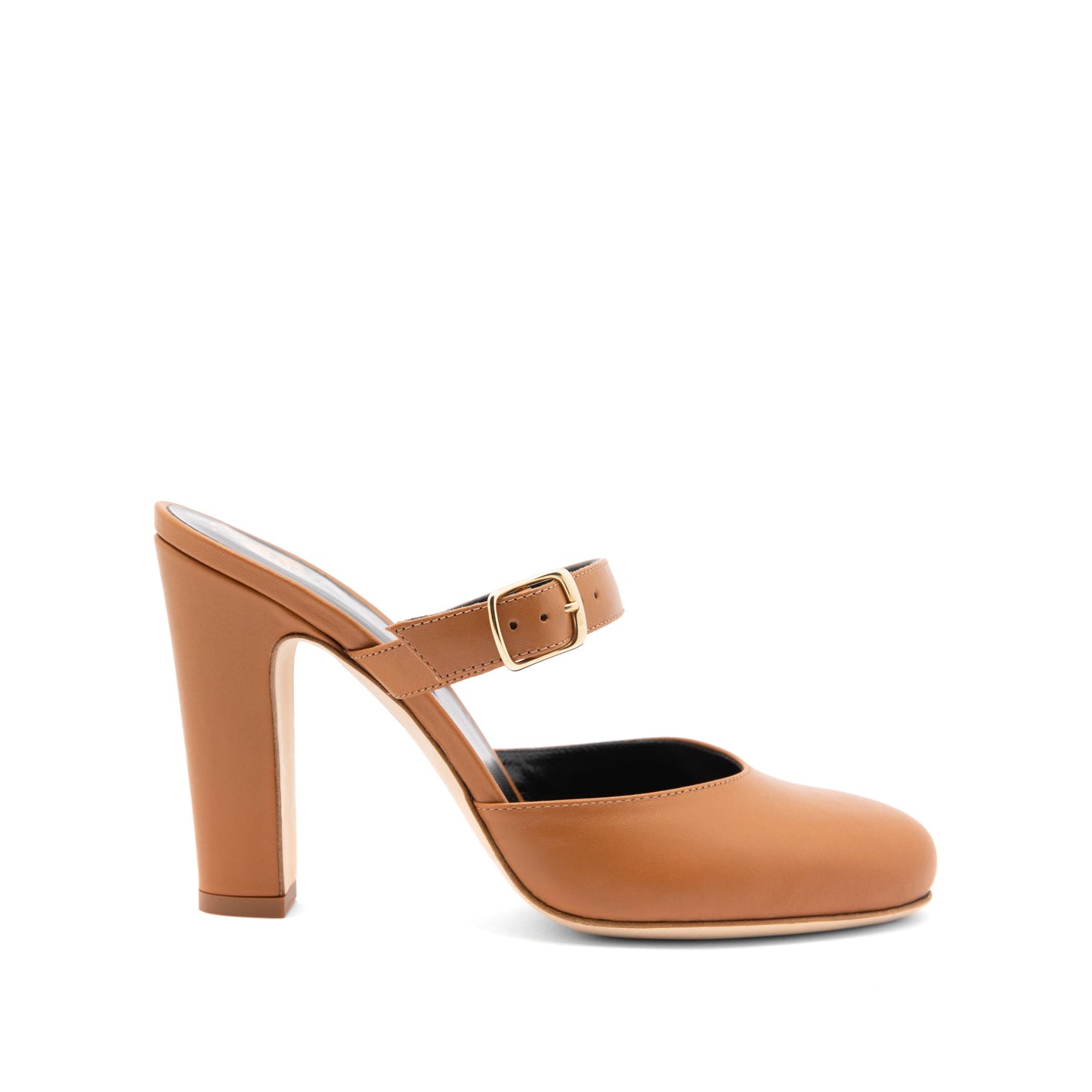 a high heeled mule, made entirely of tan calfskin leather. Black lining and strap closed with a gold side buckle. 3.9 inches heel