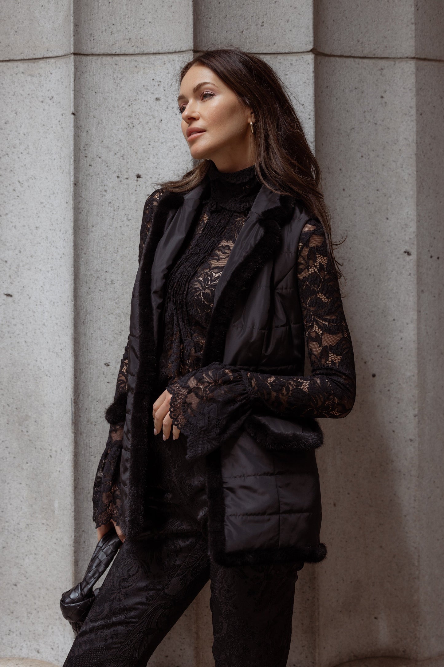 Quilted Vest with Mink in Black