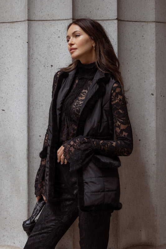 Quilted Vest with Mink in Black