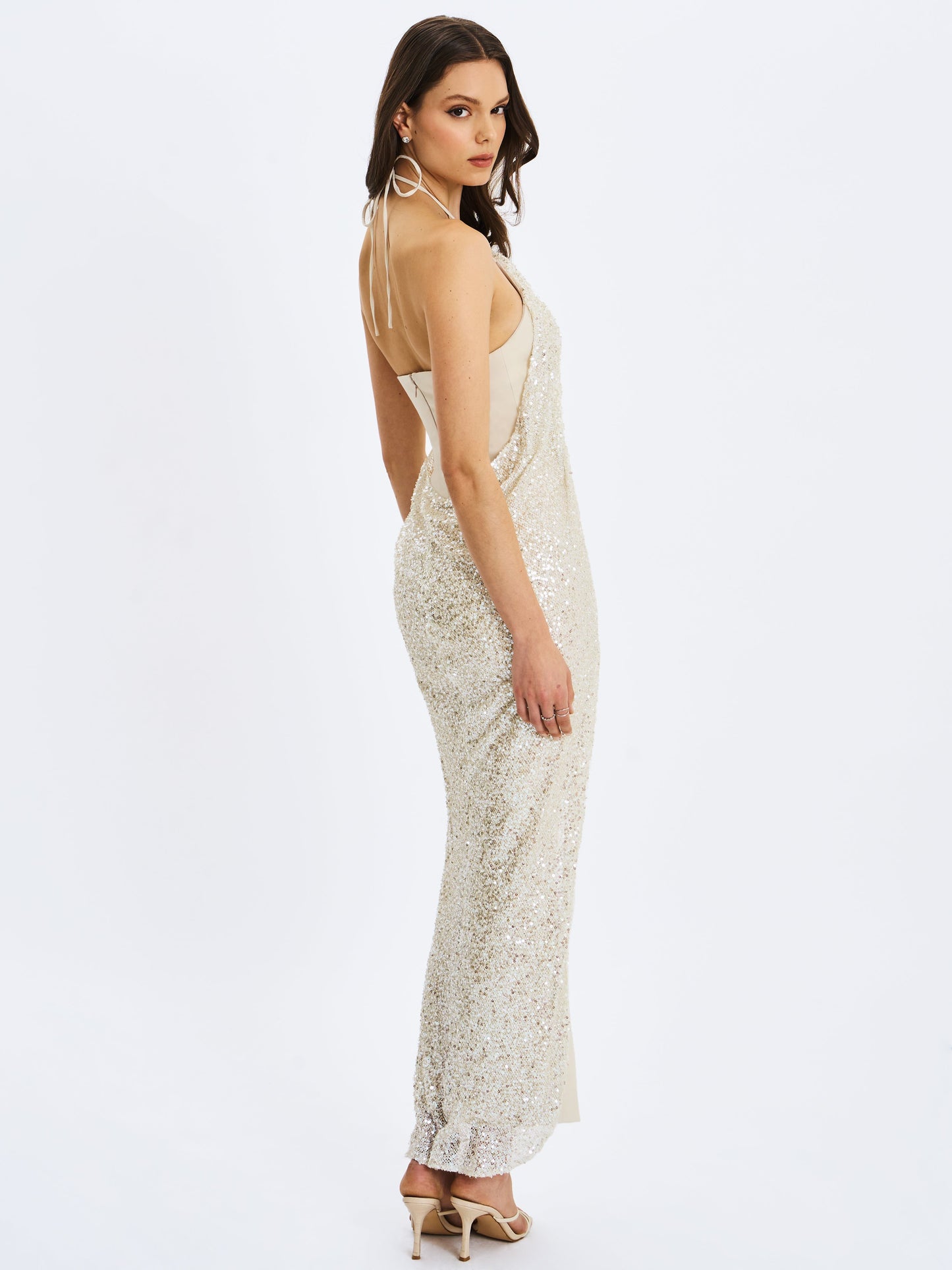 Quimera Almond Beaded Cape Halter Off-Shoulder Maxi Gown
