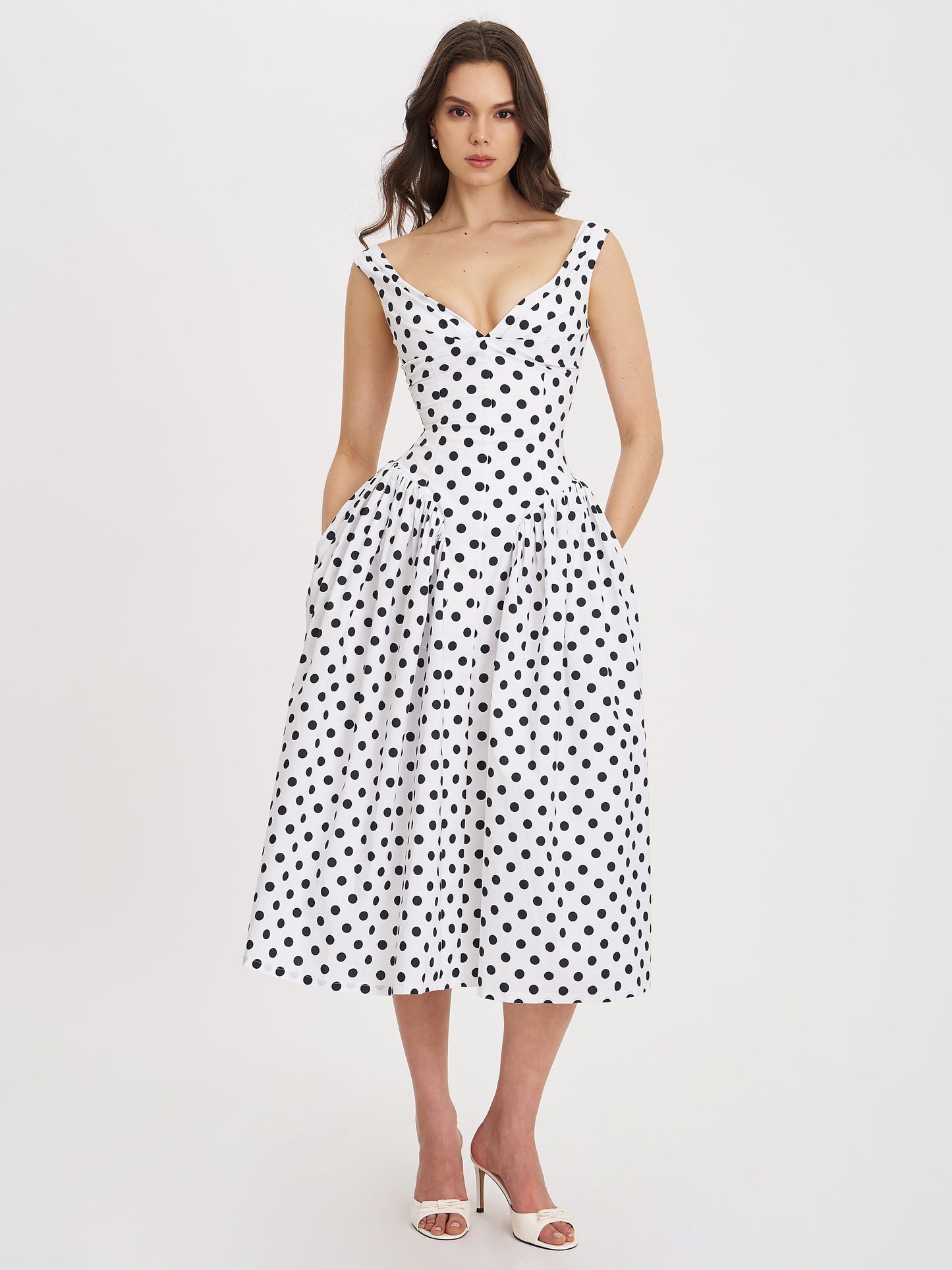 Rahma Polka Dot Drop Waist Midi Cotton Poplin Dress