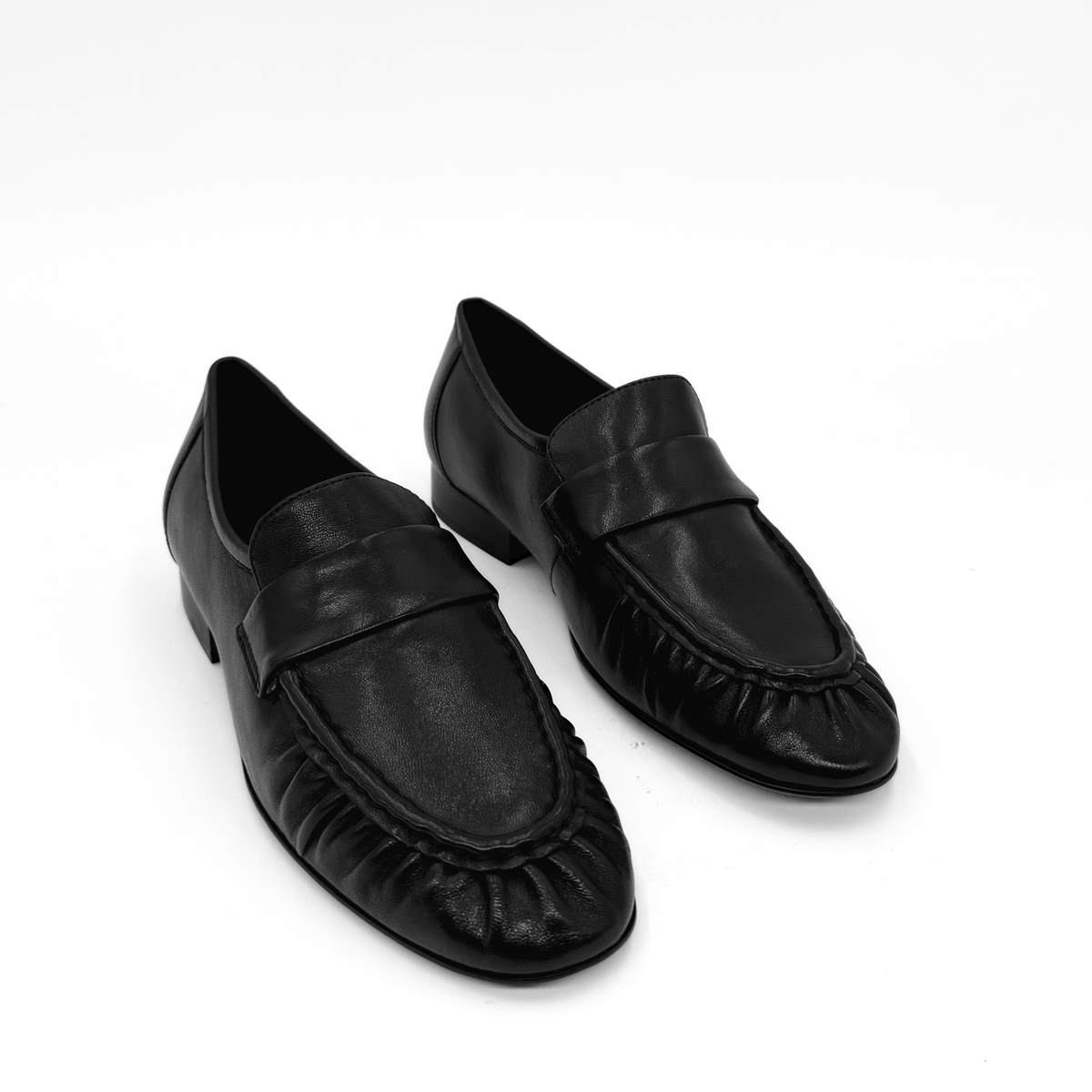 York Ruched Leather Loafers - Black Leather