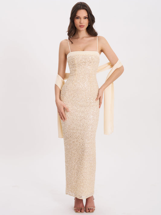 Raizel Gold Beaded Sequin Bodycon Gown with Scarf