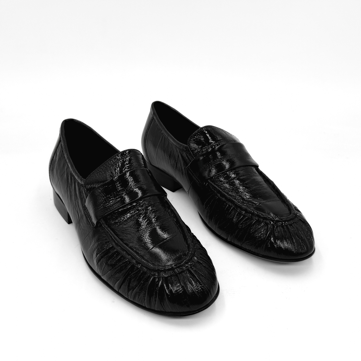 York Ruched Leather Loafers - Black Embossed Croc