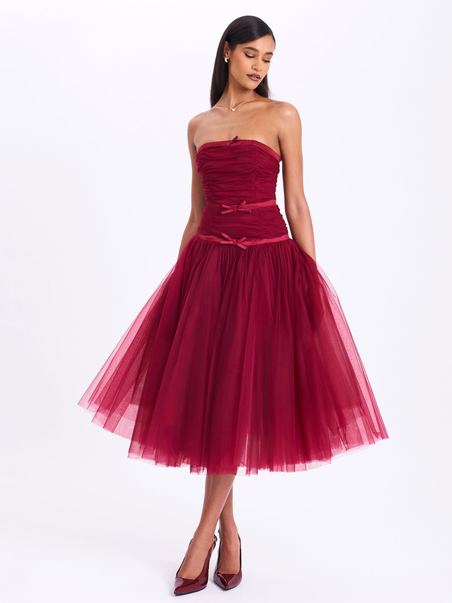 Mabel Burgundy Drop Waist Layered Mesh Midi Puffy Dress with Bow
