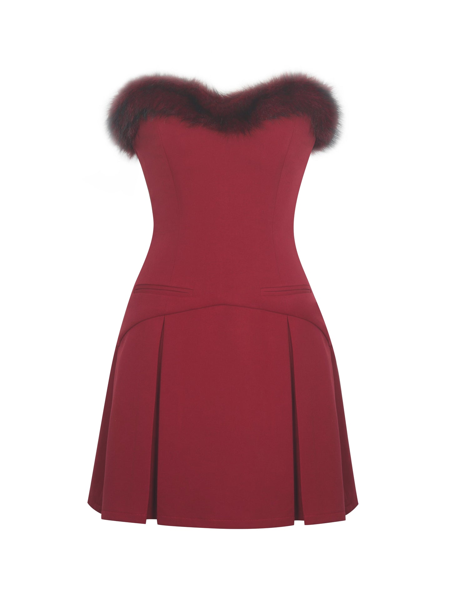 Nalia Crimson Fur Trimmed Sweetheart Mini Dress