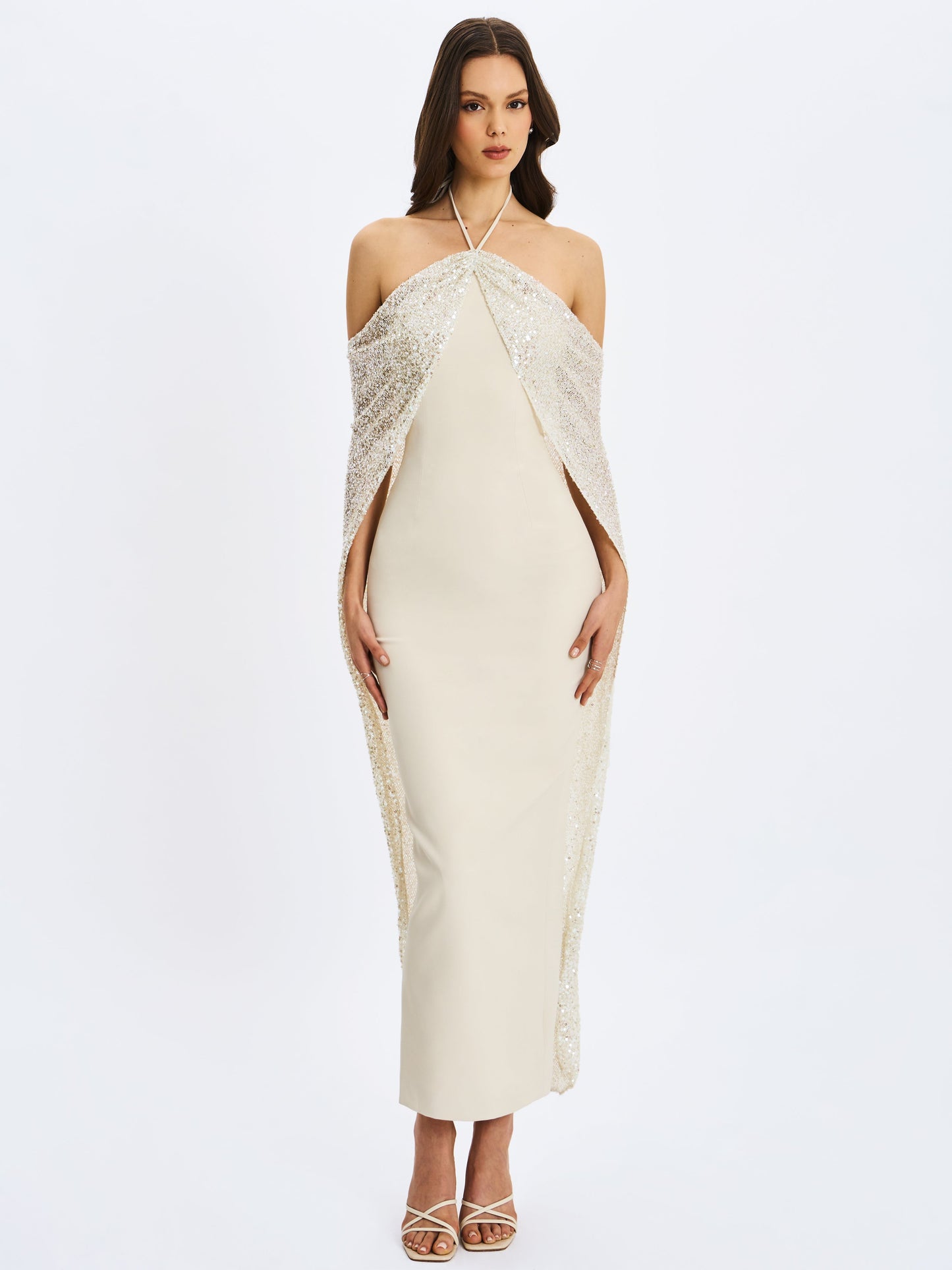 Quimera Almond Beaded Cape Halter Off-Shoulder Maxi Gown