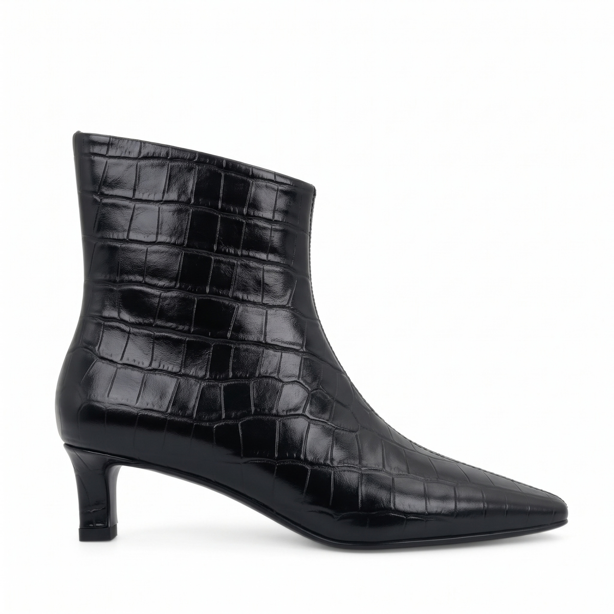 Tess Kitten Heel Booties - Black Embossed Croc