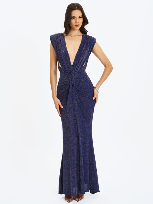 Terri Navy Sparkle Plunging Backless Maxi Dress