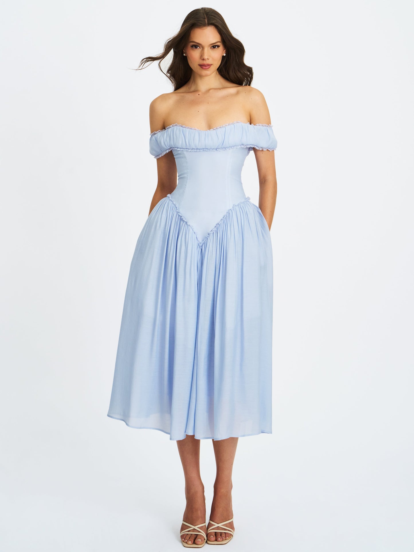 Xavy Baby Blue Off Shoulder Corset Midi Dress