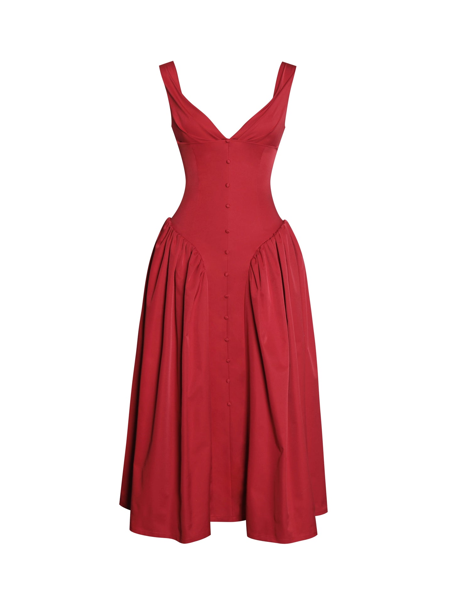 Nahla Red Drop Waist Midi Dress with Buttons