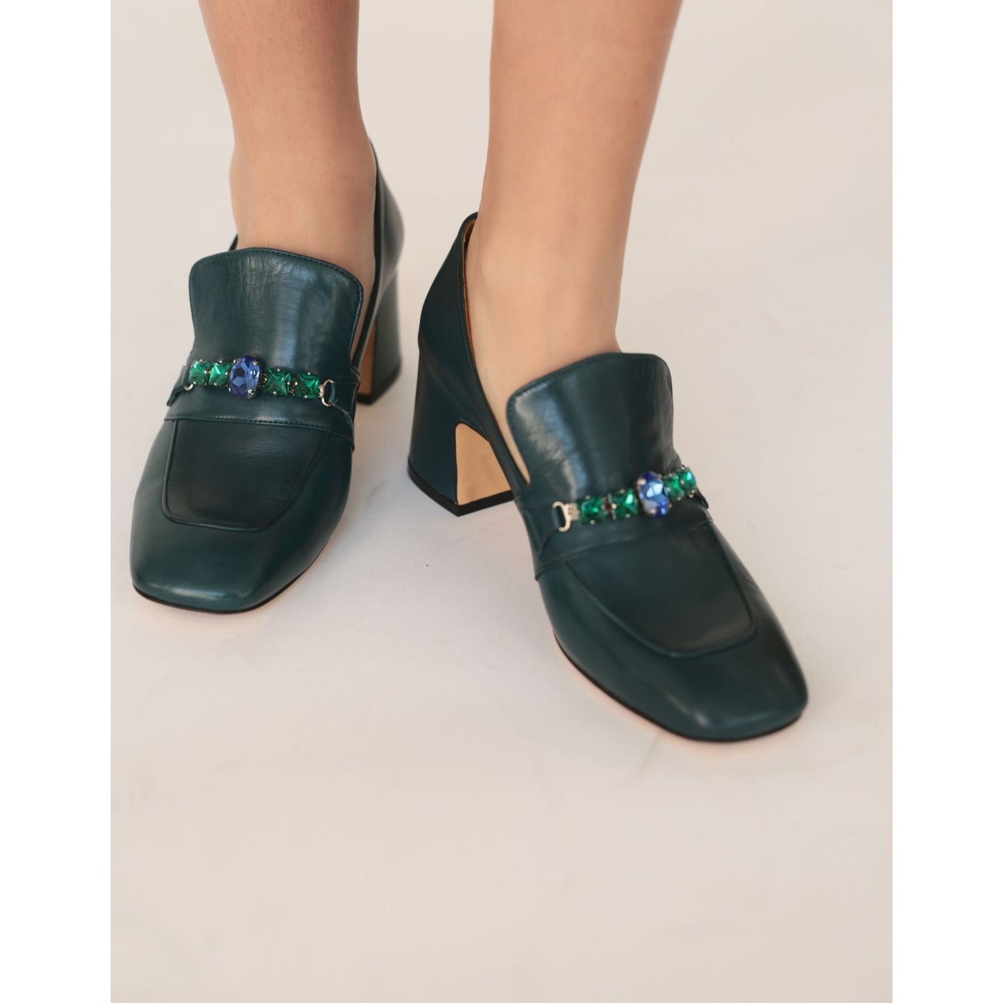 Cognac Leather Mid Heel Jeweled Loafer
